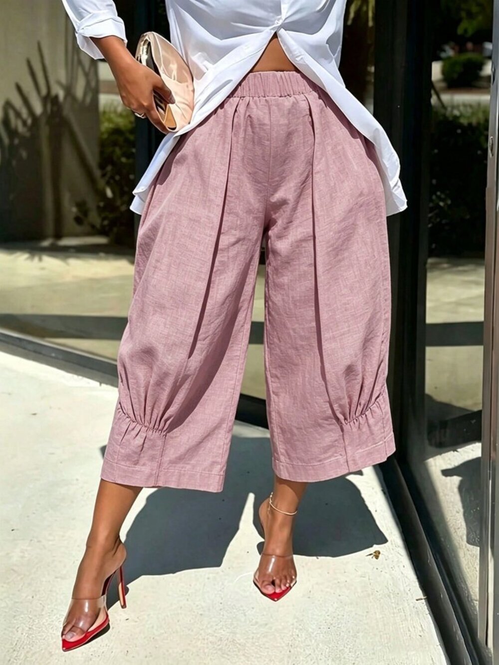 Pink Casual Women's Colorblock Ruched Pocket Elastic Waist Capri Bermuda Pants
